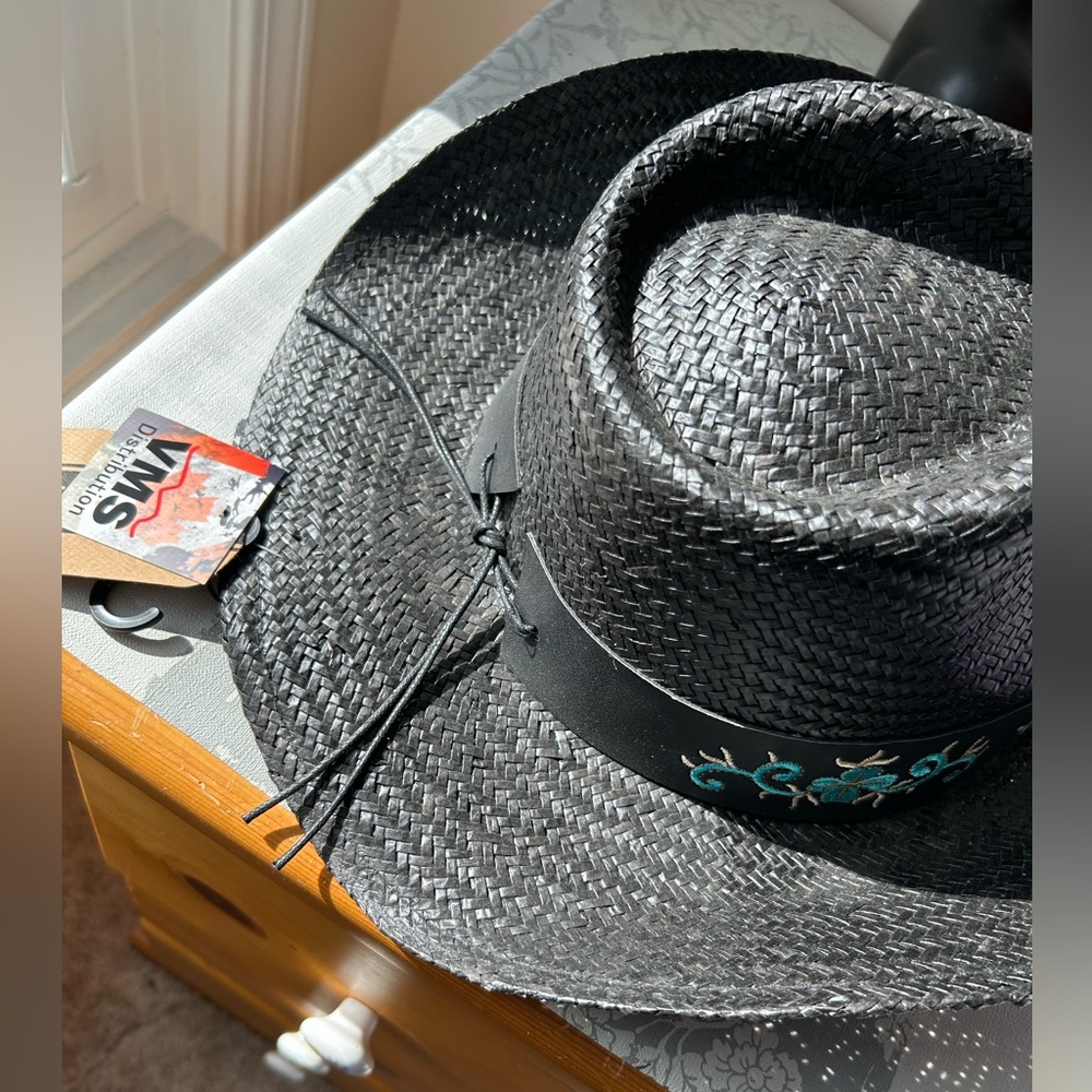 NWT Black Woven Cowboy Hat with Blue Embroidery - Picture 3 of 4